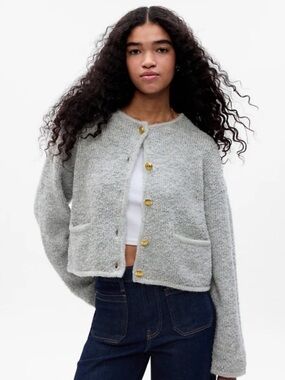 GAP Light Gray Cropped Cardigan with Gold Buttons